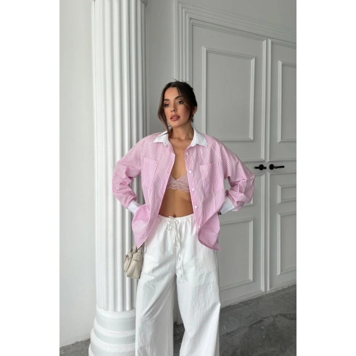 YAKA VE ANŞET BEYAZBOYFRİEND ÇİZGİİPOPİN GÖEK  Pembe