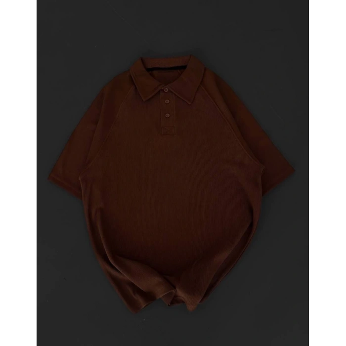 Yakalı Patlı Kısa Kol Tshirt  Kahverengi