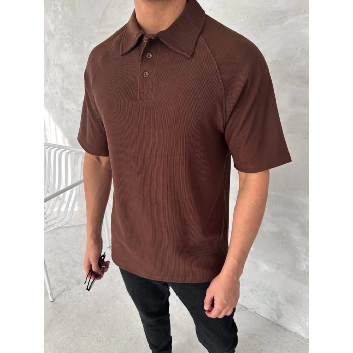 Yakalı Patlı Kısa Kol Tshirt  Kahverengi