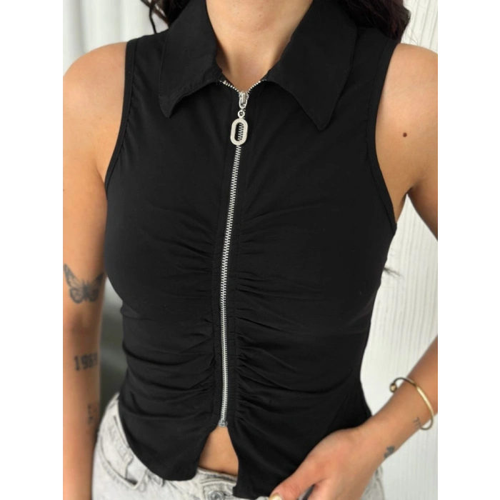 Yakalı Tam Fermuarlı Kolsuz Bluz  iyah