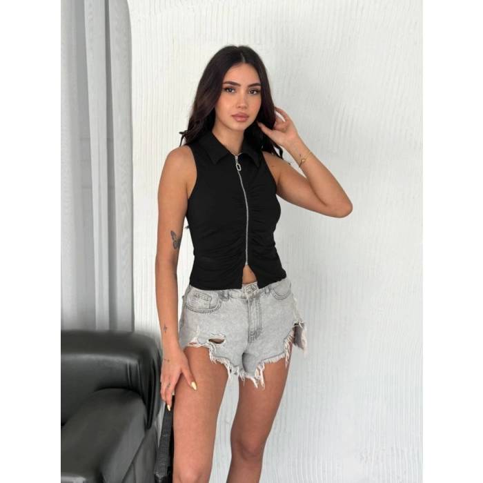 Yakalı Tam Fermuarlı Kolsuz Bluz  iyah