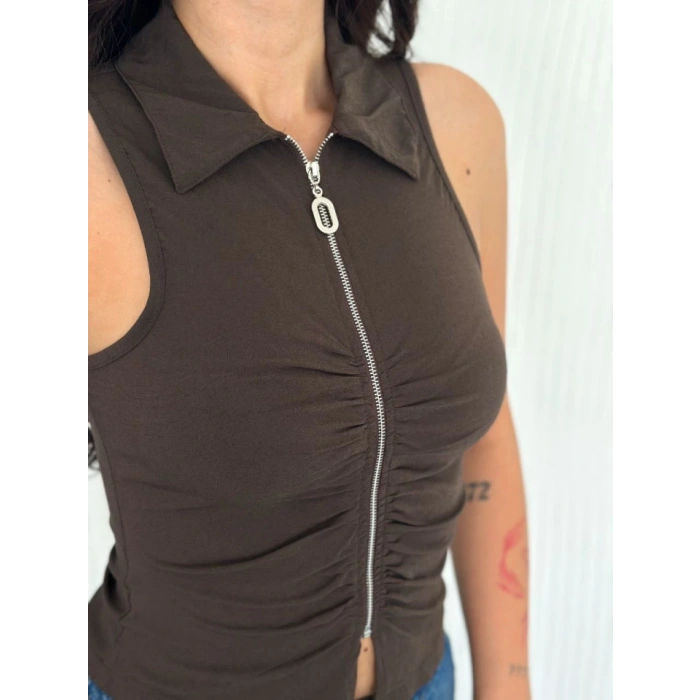 Yakalı Tam Fermuarlı Kolsuz Bluz  Kahverengi