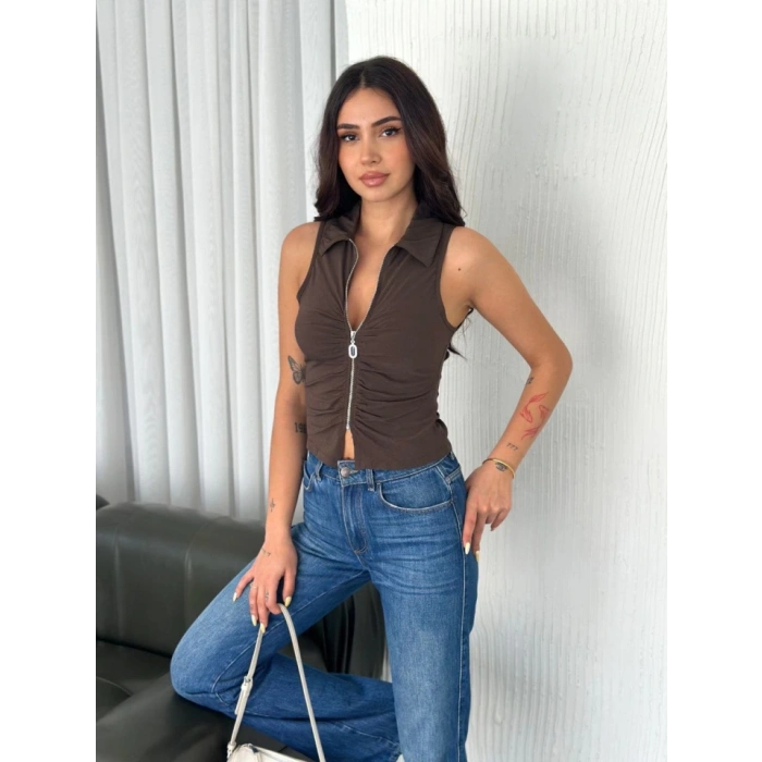 Yakalı Tam Fermuarlı Kolsuz Bluz  Kahverengi