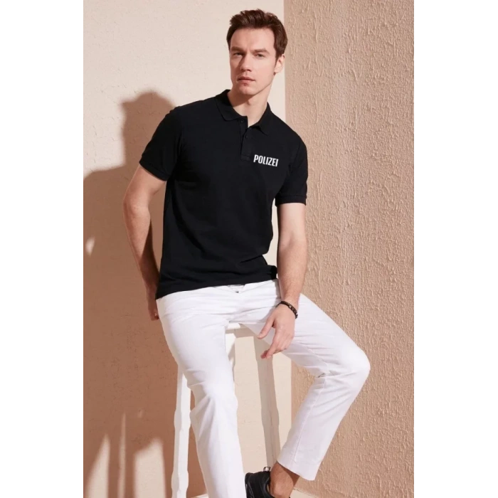 Yakası Düğmeli Yakalı Pike Baskılı Thirt  iyah