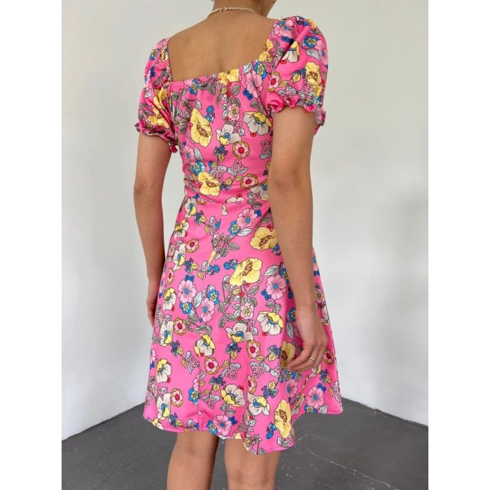 Yakası Lastikli Bağcık Detaylı Mini Elbise Pembe