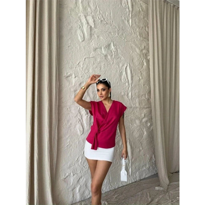 YANDAN BAĞLAA DETAYLI KOLUZ BLUZ  Fuşya