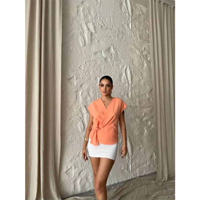 YANDAN BAĞLAMA DETAYLI KOLUZ BLUZ  omon