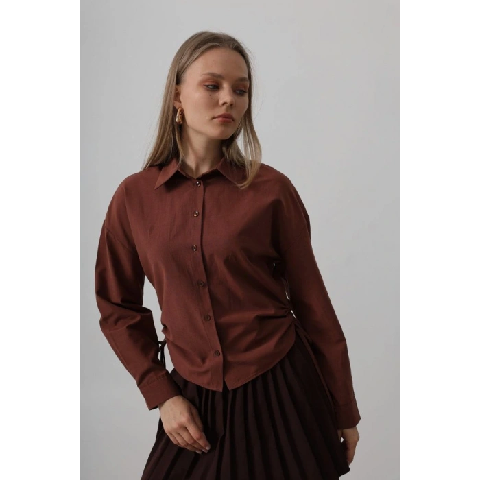 Yanları Bağlamalı Basic Gömlek  Koyu Kahve