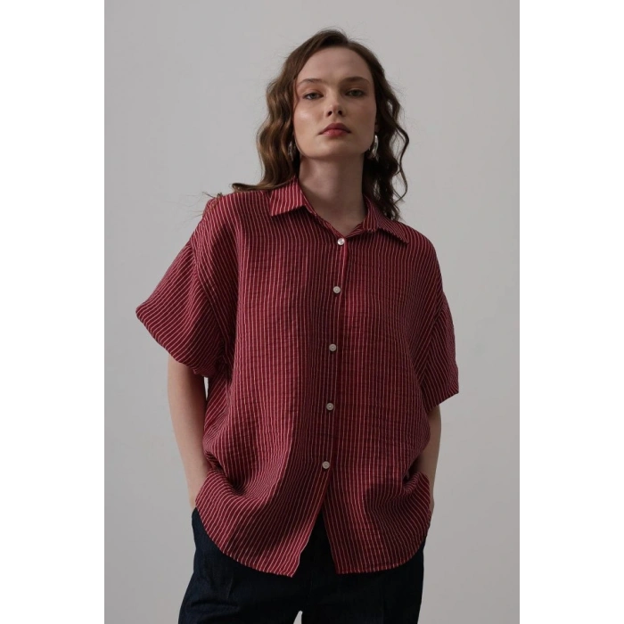Yarım Balon Kol Çizgili Gömlek  Bordo