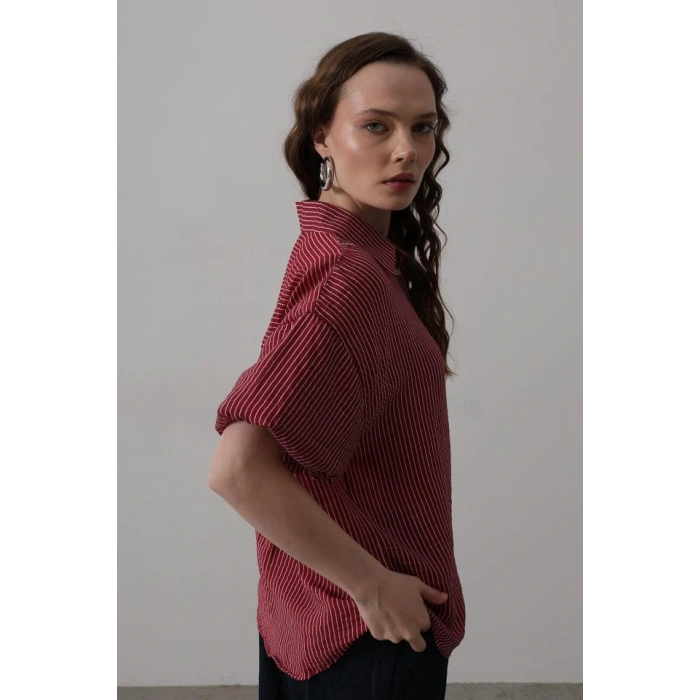 Yarım Balon Kol Çizgili Gömlek  Bordo