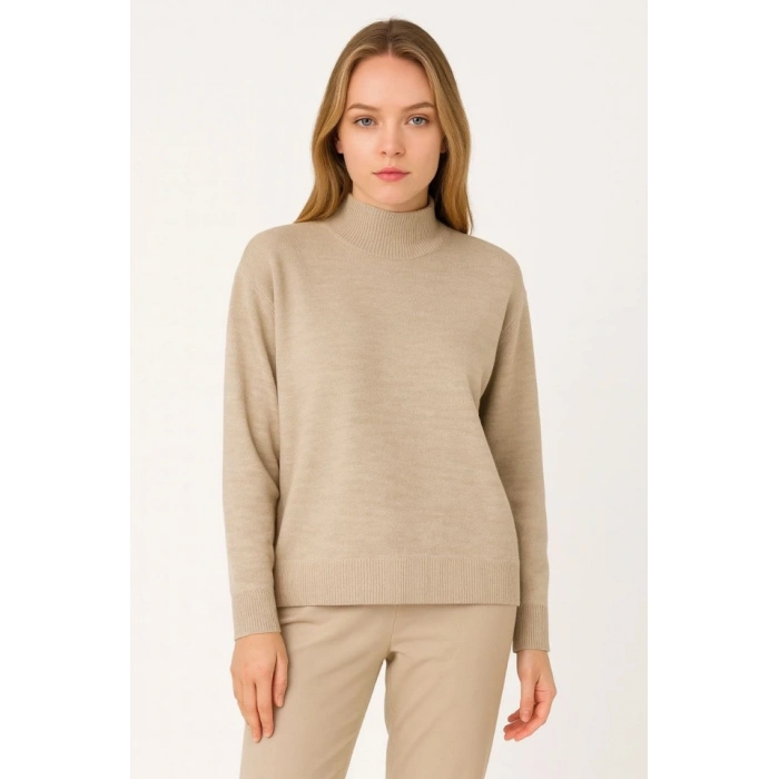 Yarım Boğaz Triko Kazak Yumuşak Dokulu Pamuklu Ince Dokuma, Uzun Kollu Rahat Regular Kalıp  Bej