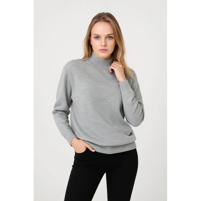 Yarım Boğaz Triko Kazak Yumuşak Dokulu Pamuklu Ince Dokuma, Uzun Kollu Rahat Regular Kalıp  Gri