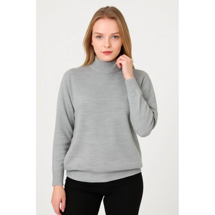 Yarım Boğaz Triko Kazak Yumuşak Dokulu Pamuklu Ince Dokuma, Uzun Kollu Rahat Regular Kalıp  Gri