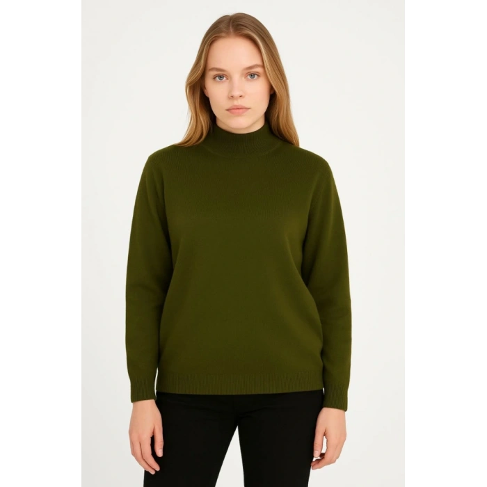 Yarım Boğaz Triko Kazak Yumuşak Dokulu Pamuklu Ince Dokuma, Uzun Kollu Rahat Regular Kalıp  Haki