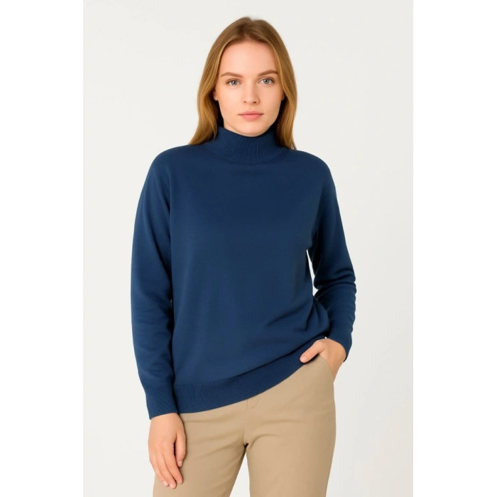 Yarım Boğaz Triko Kazak Yumuşak Dokulu Pamuklu Ince Dokuma, Uzun Kollu Rahat Regular Kalıp  İndigo