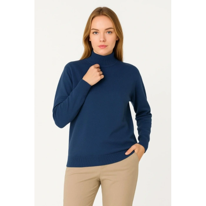 Yarım Boğaz Triko Kazak Yumuşak Dokulu Pamuklu Ince Dokuma, Uzun Kollu Rahat Regular Kalıp  İndigo