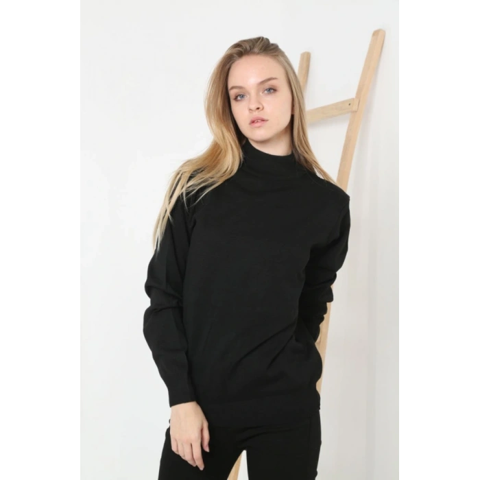 Yarım Boğaz Triko Kazak Yumuşak Dokulu Pamuklu Ince Dokuma, Uzun Kollu Rahat Regular Kalıp  iyah