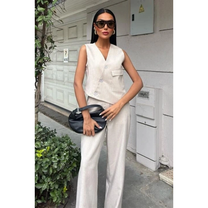 Yeleği Çapraz Detay Düğmeli Cepli Yelekli Takım 10150