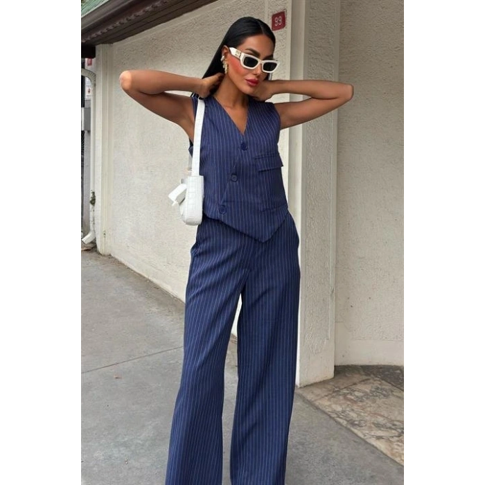 Yeleği Çapraz Detay Düğmeli Cepli Yelekli Takım 10150