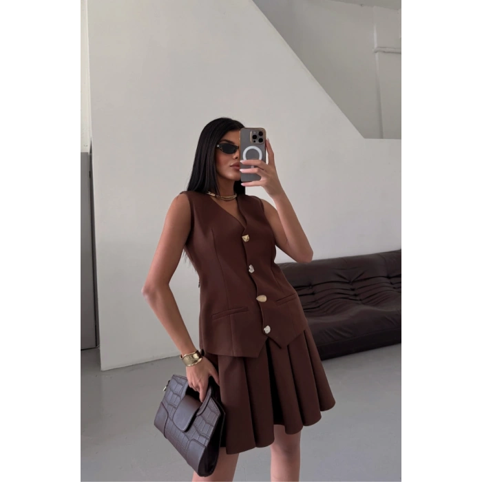 YELEK  PİLELİ ETEK GÖRÜNÜMLÜ ELBİE  Kahverengi