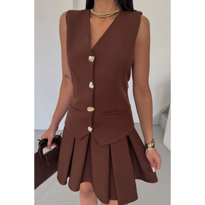 YELEK  PİLELİ ETEK GÖRÜNÜMLÜ ELBİE  Kahverengi