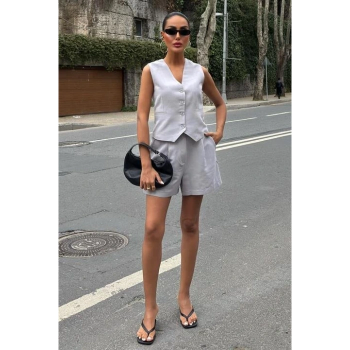 Yelek Şort Flamlı Keten Takım 1013317