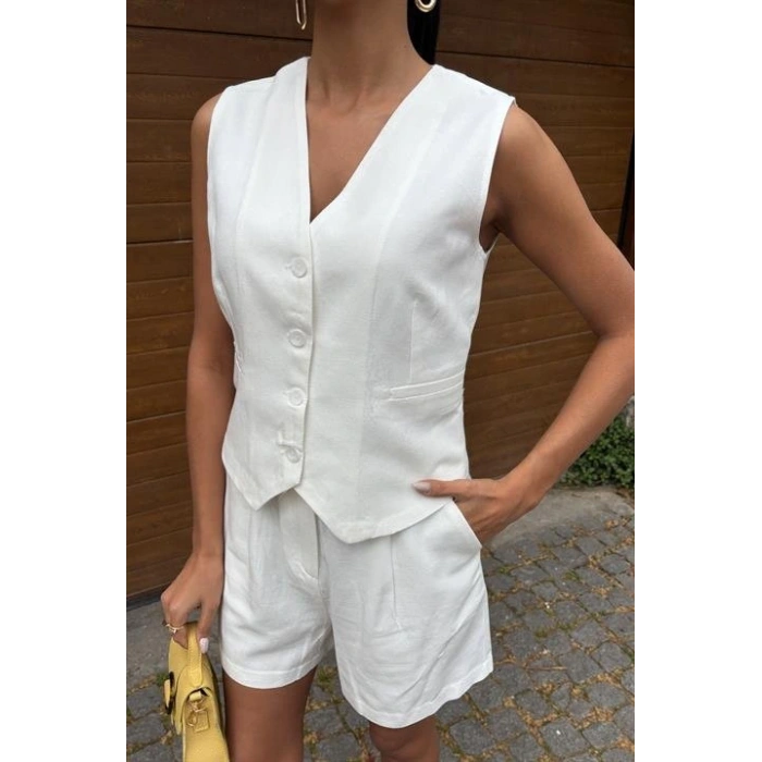 Yelek Şort Flamlı Keten Takım 1013317