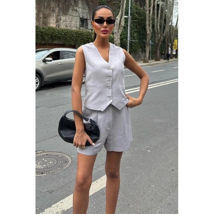 Yelek Şort Flamlı Keten Takım 1013317