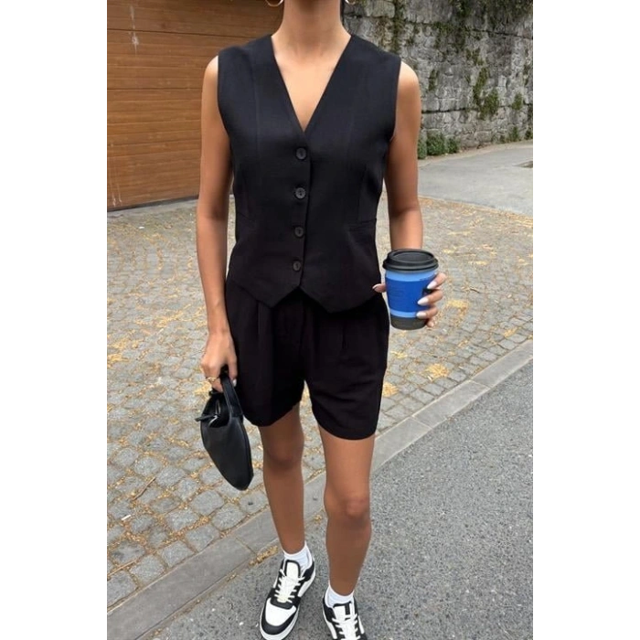 Yelek Şort Flamlı Keten Takım 1013317