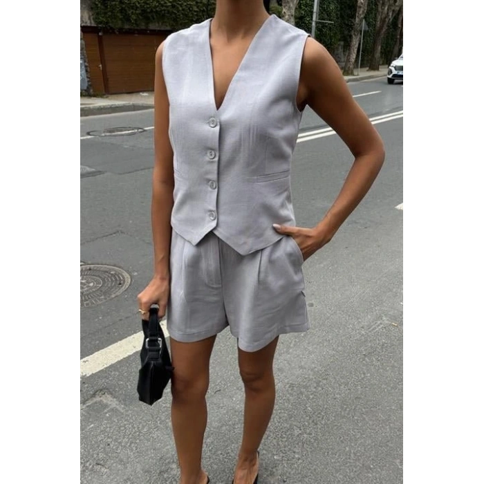 Yelek Şort Flamlı Keten Takım 1013317