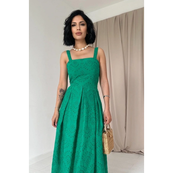 Yeşil Askılı Aparatlı Brode Elbise