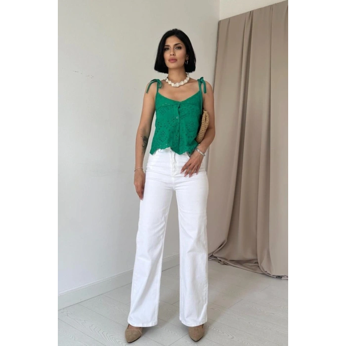 Yeşil Bağcıklı Brode Bluz