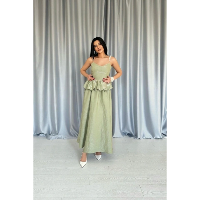 Yeşil Beli Büzgülü İnci Askılı Uzun Elbise
