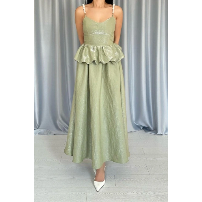 Yeşil Beli Büzgülü İnci Askılı Uzun Elbise