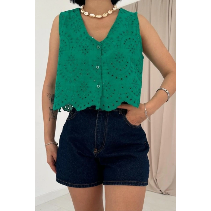 Yeşil ıfır Kol Brode Bluz