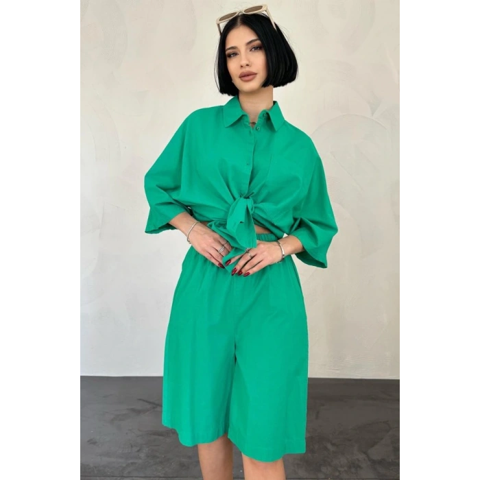 Yeşil Kısa Kollu Keten Gömlek Ve Şort Takım