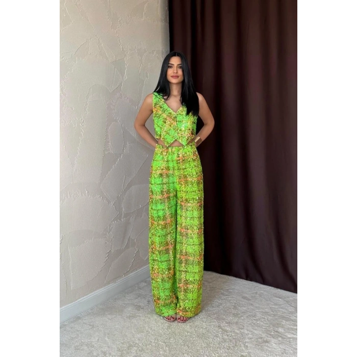 Yeşil Pullu Yelek Ve Pantolon Takım