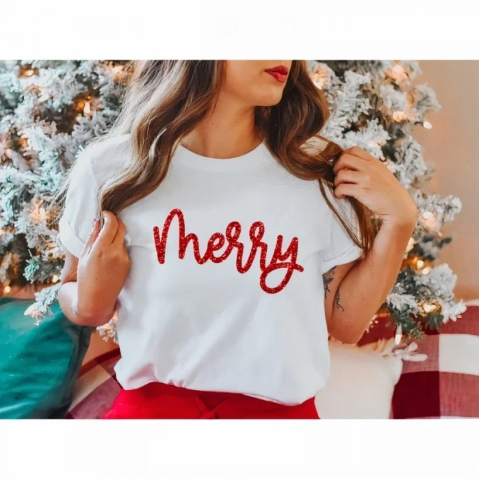 Yılbaşı erry Christmas Baskılı Kısa Kollu Oversize Bisiklet Yaka Tshirt  Beyaz