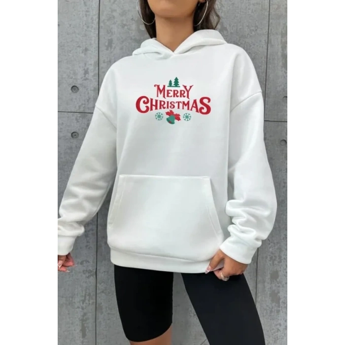 Yılbaşı erry Christmas Baskılı Oversize Kapüşonlu weatshirt Hoodie  Beyaz