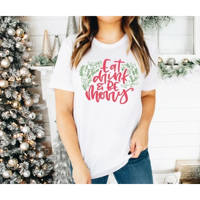 Yılbaşı Noel Baskılı Kısa Kollu Oversize Bisiklet Yaka Tshirt  Beyaz