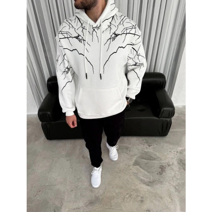 Yıldırım Baskılı Kapşonlu weathirt  Beyaz