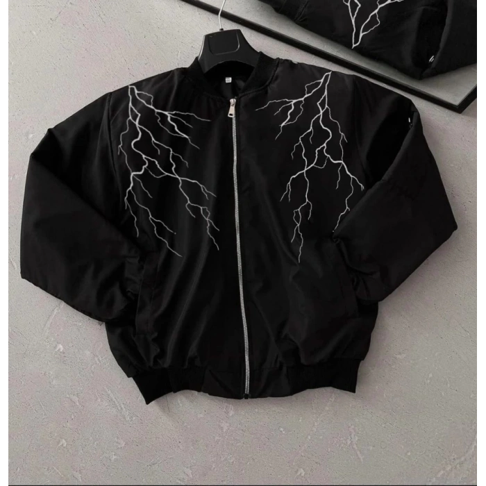 Yıldırım Baskılı Uzun Kol Bomber Ceket  iyah