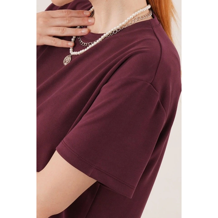 Yırtmaç Detaylı Kısa Kollu alaş axi Bordo Elbise