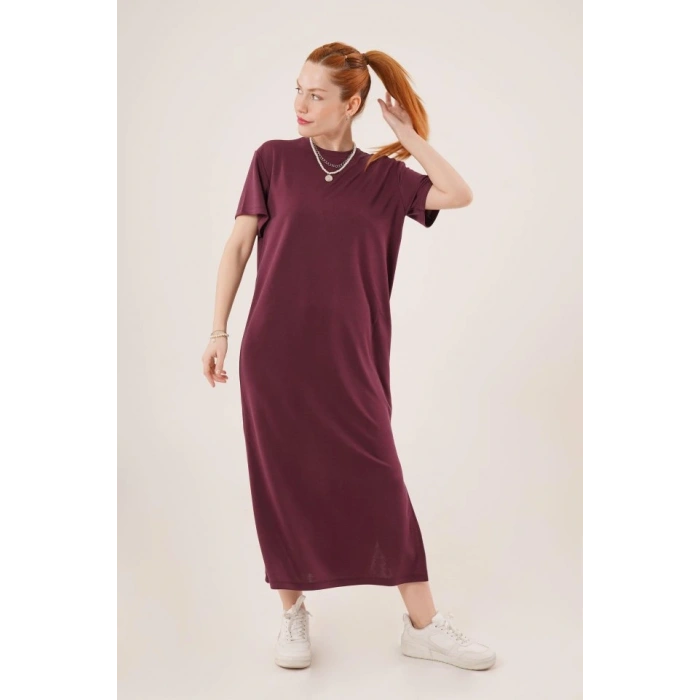 Yırtmaç Detaylı Kısa Kollu alaş axi Bordo Elbise