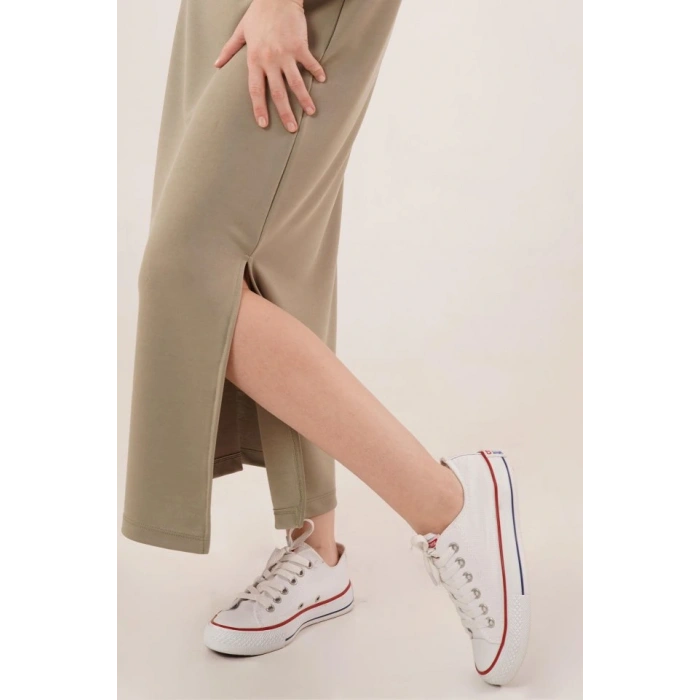 Yırtmaç Detaylı Kısa Kollu alaş axi Yağ Yeşili Elbise