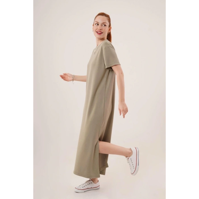 Yırtmaç Detaylı Kısa Kollu alaş axi Yağ Yeşili Elbise