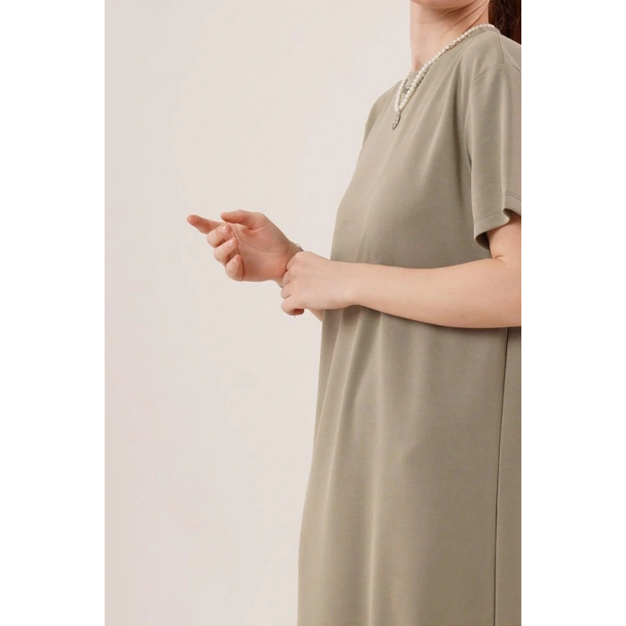 Yırtmaç Detaylı Kısa Kollu alaş axi Yağ Yeşili Elbise