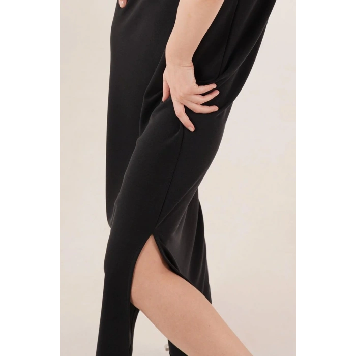 Yırtmaç Detaylı Kısa Kollu alaş Maxi iyah Elbise