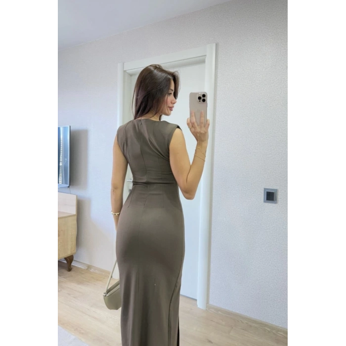 Yırtmaç Detaylı Kolsuz Elbise  Antrasit