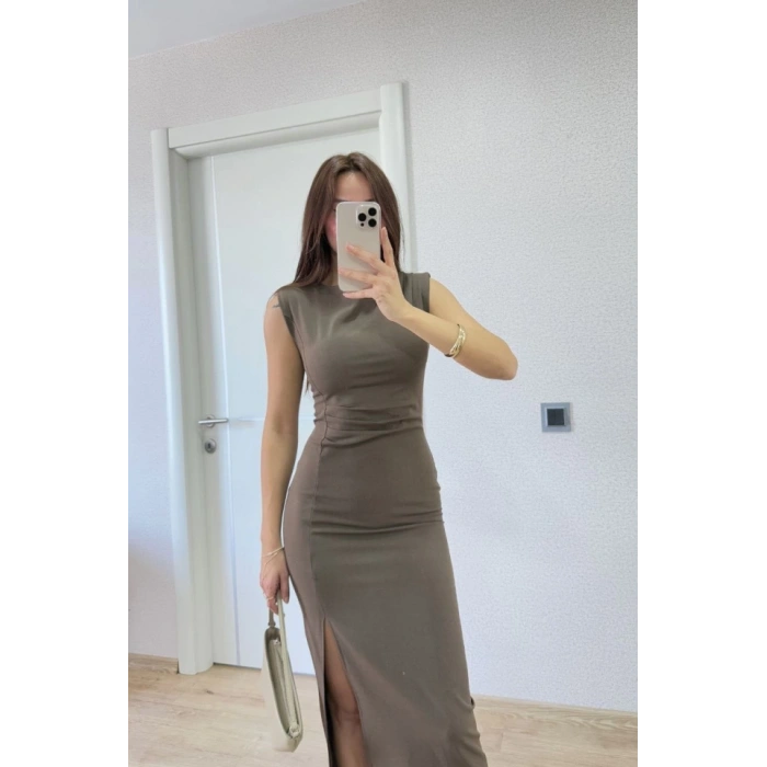 Yırtmaç Detaylı Kolsuz Elbise  Antrasit